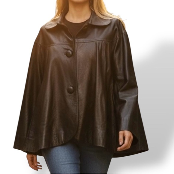 Chester Jackets & Blazers - CHESTER Black soft Lambskin/Kid Leather Jacket, wide sleeves, cape illusion